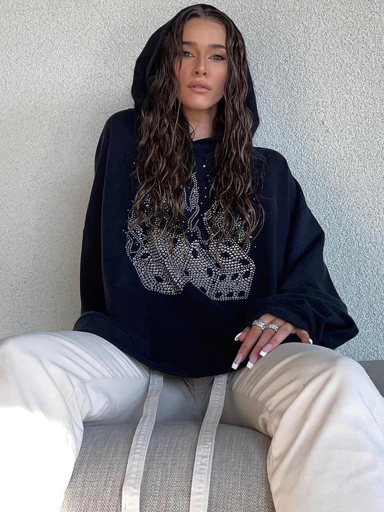 

Casual Pattern Beading Print Long Sleeve Oversize Black Hoodies Women 2022 Autumn Winter Y2K Loose High Street Sweatshirt