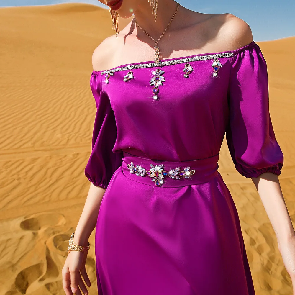 Women's Long Diamond Abaya Muslim Dress Solid Color With Belt Laftan Dubai Turkey Arab Islamic Moroccan Caftan Evening Dresses