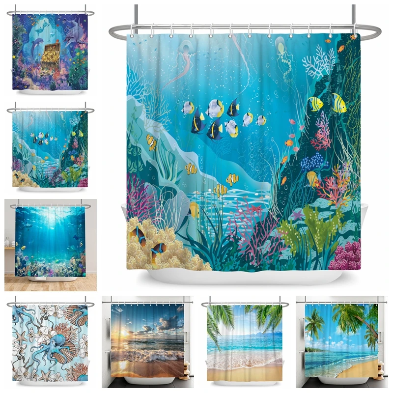 

Занавеска для душа на заказ, водонепроницаемый шторка 3D из полиэстера для украшения дома, пляжа, пейзажа, солнечного света, океана, морского побережья