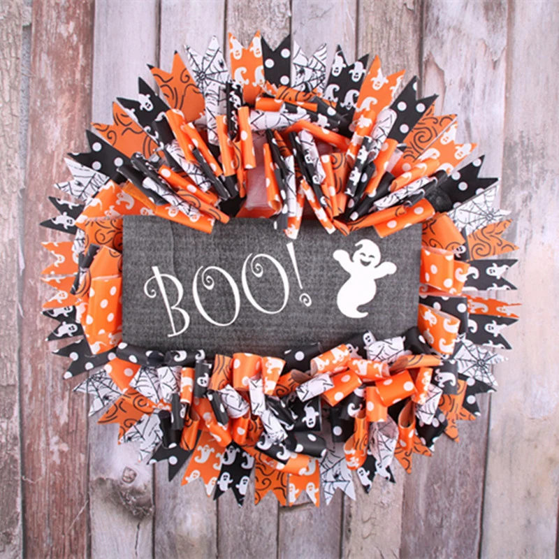 

BOO Halloween Wreath, Scary Halloween Wreath, Halloween Welcome Wreath, Halloween Haunted House Decor Ribbon Wreath，Door Wreath