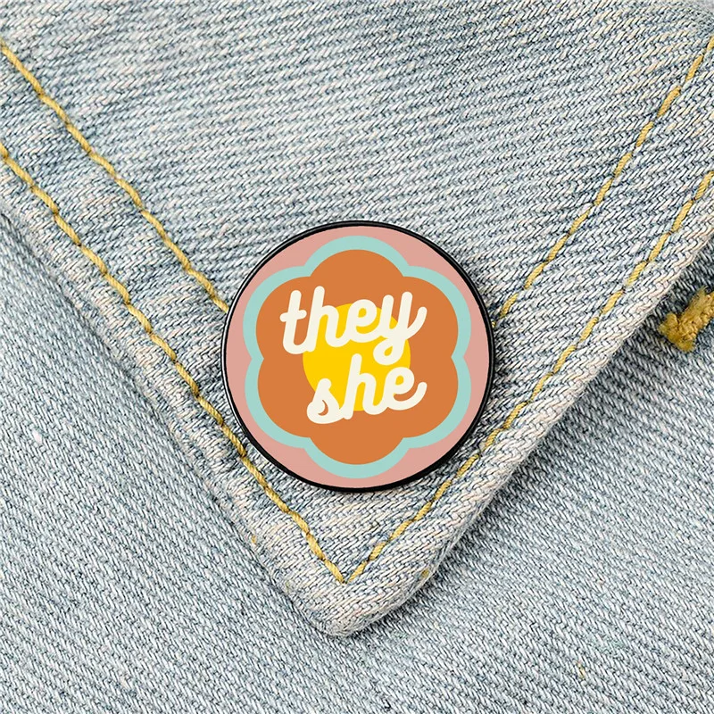 

60s Flower They She Pronouns Pin Custom Funny vintage Brooches Shirt Lapel teacher Bag Cute Badge pins for Lover Girl Friends