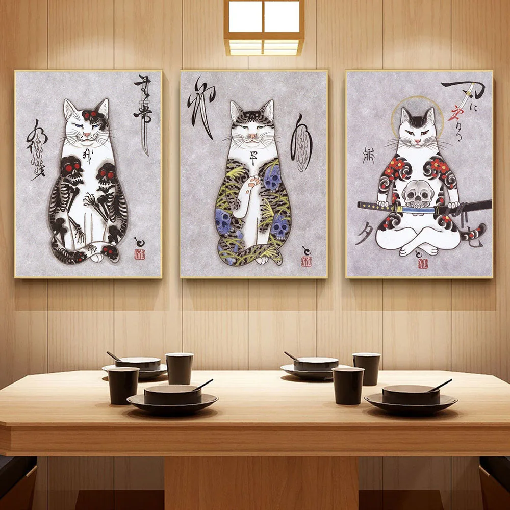

Retro art Japanese style funny tattoo pattern cat canvas painting living room wall art poster box corridor home decoration mural