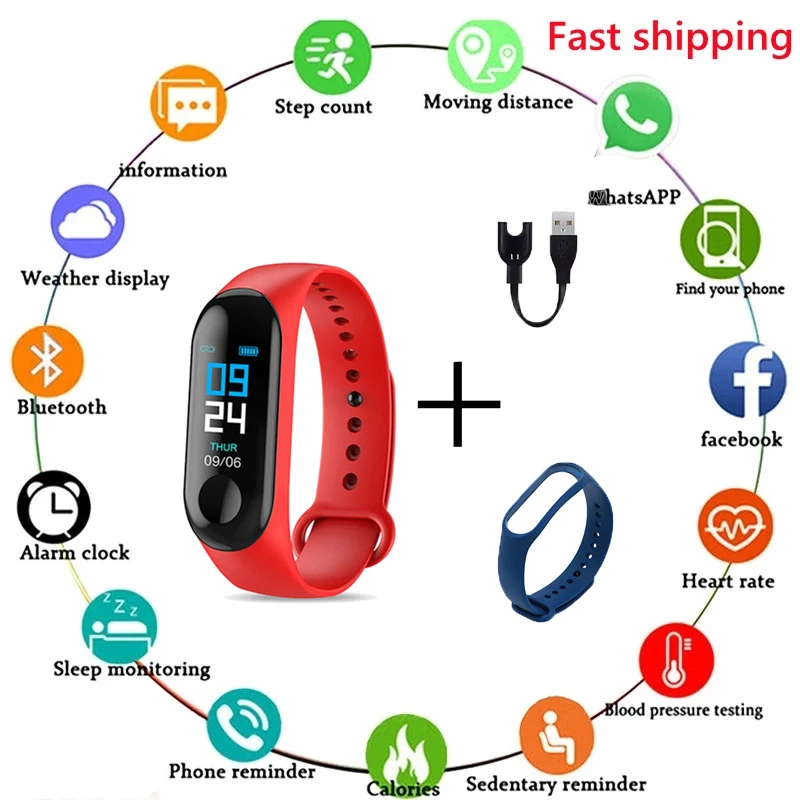 

Наручные часы для фитнеса M3 с цветным экраном, умный спортивный браслет, трекер активности и бега, пульсометр для детей, мужские и женские ча...