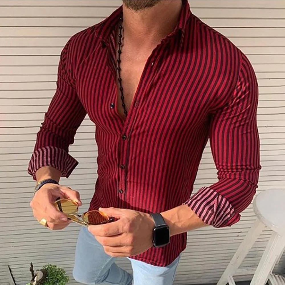 Men's Long Sleeve Flip Button Collar Shirt Striped Slim Fit Shirt