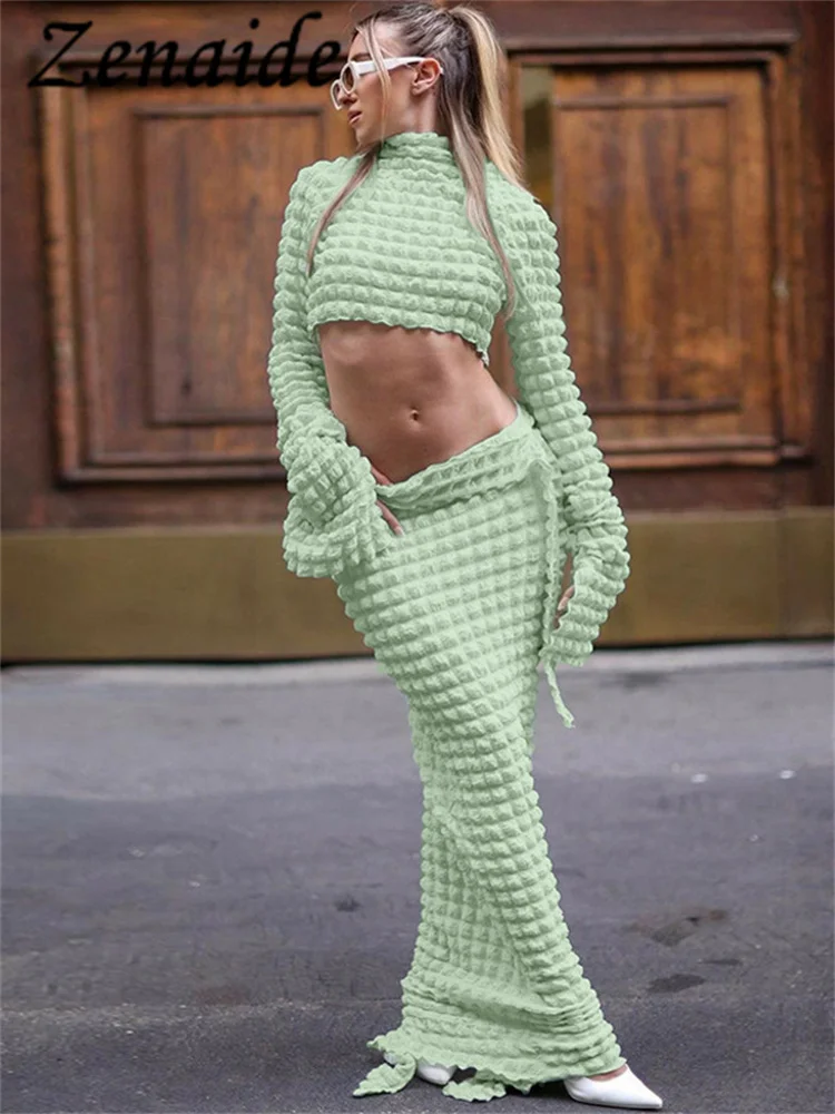 

Zenaide 2024 O Neck Popcorn Long Sleeve Crop Top+Maxi Skirt 2 Piece Set Women Autumn Party Club Sexy Ribbon Lace Up Outfits