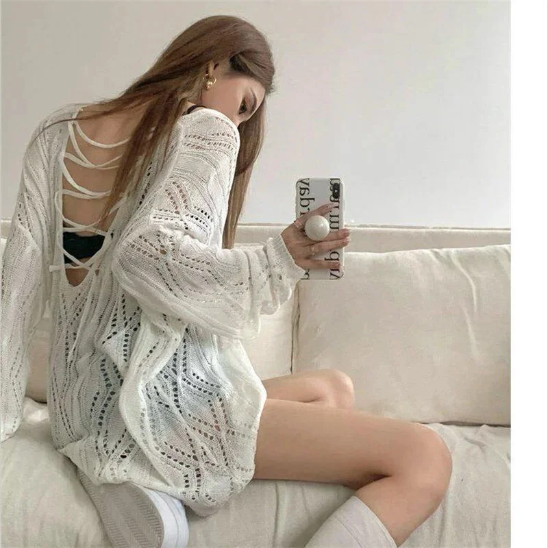 

Sexy White Hollow Out Knitted Pullover for Women Summer Thin Long Sleeve Backless Lace Up Top Sun Protection Shirt
