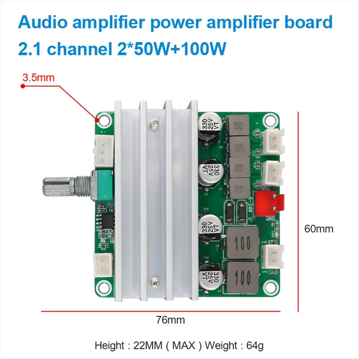 Фото Цифровая аудиоусилительная плата (DT93) 2.1-канальная 2X50W и 100W, 12V-24V, модуль усилителя для домашнего кинотеатра DIY с регулировкой басов и высоких частот №5