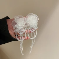 france style black white yarn flower dangle earrings for women transparent crystal tassel long pendientes beach jewelry bijoux
