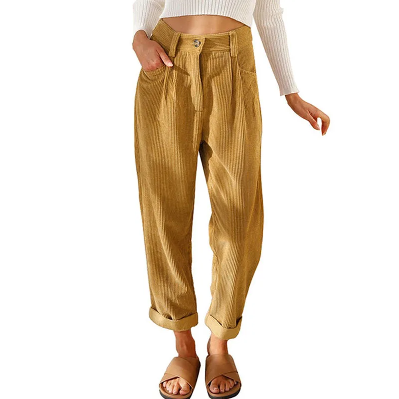 Autumn Winter Women's High Waist Casual Pants Solid Corduroy Loose Straight Trousers Women
