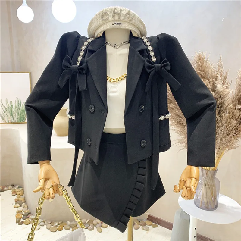 

Niche Design New Women Clothing 2022 Spring Bow Long Sleeves Loose Short Suit Coat + High Waist Irregular Pantskirt 2 Piece Set
