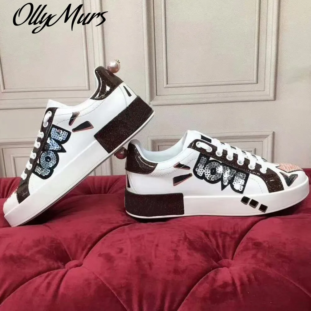 

Кроссовки женские из натуральной кожи, теннисные туфли на плоской подошве, на платформе, с принтом граффити