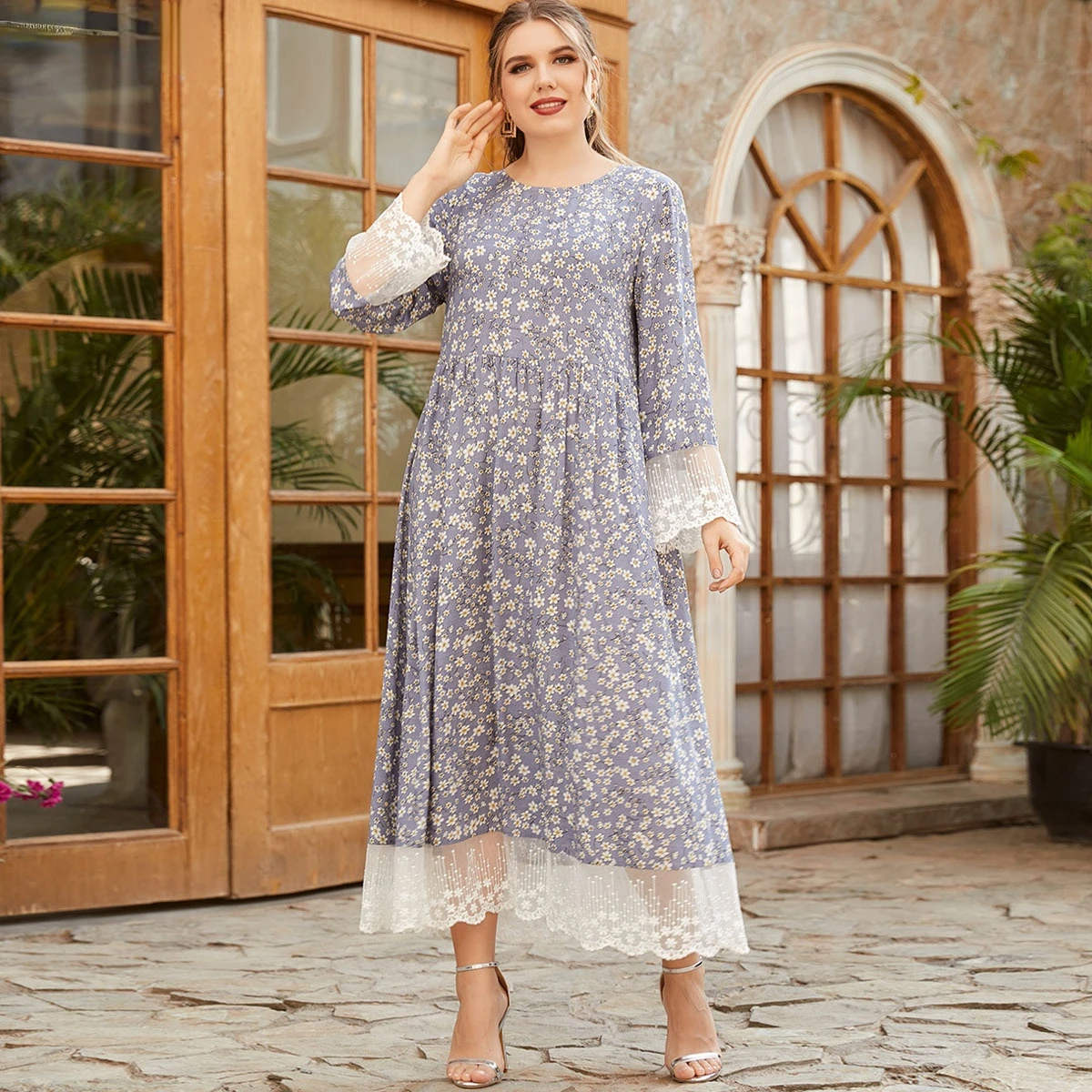 

Мусульманская одежда, кружевное платье, женское платье с цветочным принтом и широкой юбкой, длинное платье 4XL, кафтан, длинное платье из Турц...