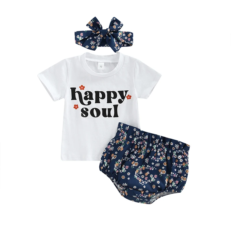 

3-Piece Baby Girls Summer Outfit Letter Print Short Sleeve T-shirt Tops + Floral Print Shorts + Hairband for Toddlers 0-24M