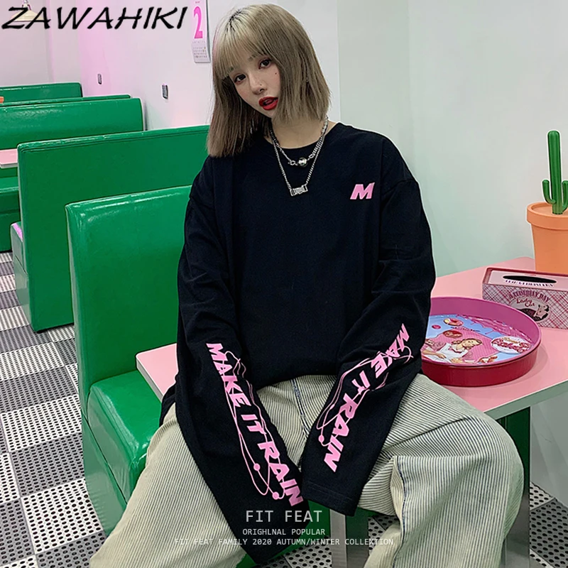 

Hiphop Fashion Long Sleeve O-neck Letter Print T Shirt Women Minimalist High Street Vintage Spring Autumn Loose Chic Streetwear
