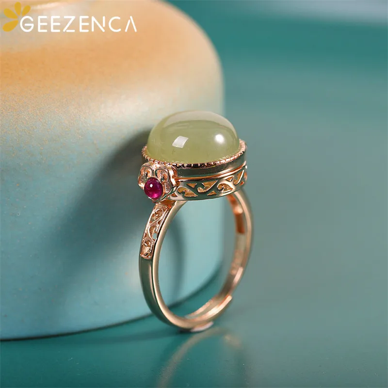 

GEEZENCA 925 Sterling Silver Natural Jade Locket Ring For Women Rose Gold Plated Jasper Openable Rings Fine Jewelry Party Gift