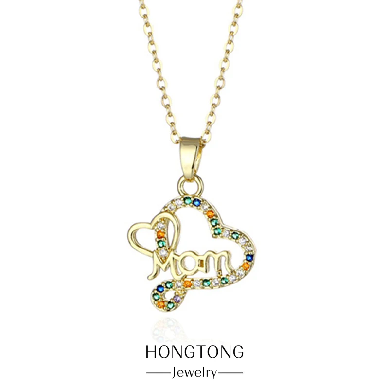 

HONGTONG Color Diamond MOM's Love Mom Heart Pendant Female Love Mother's Day Gift Zircon Stainless Non-Fading Necklace