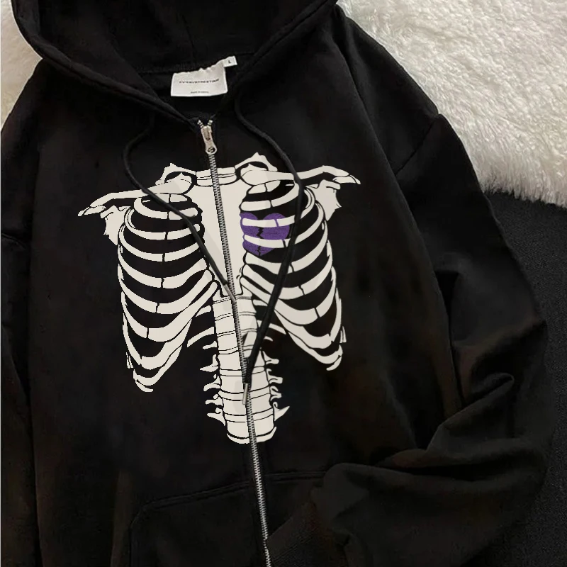 

Женская толстовка с капюшоном Goth, с принтом черепа, на молнии, с длинным рукавом, свободная уличная одежда в стиле ретро, пуловер оверсайз в с...