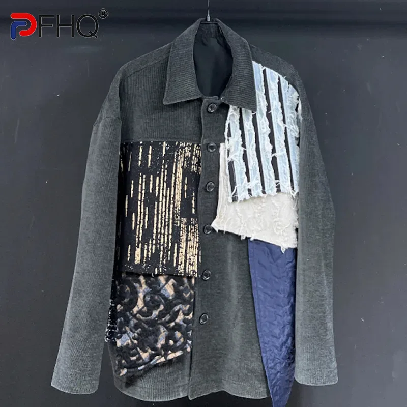

PFHQ Men's Corduroy Thick Color Contrast Jackets Patchwork Denim Autumn New Loose Motorcycle Haute Quality Striped Coat 21Z2638