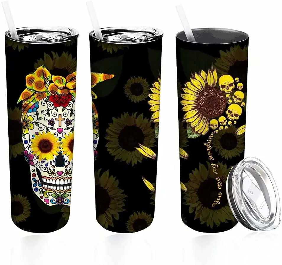 

30oz Skull Straight Tumbler Mug Sunflower Vacuum Insulated Skinny Travel Mug -You Are My Sunshine Coffee Cup Stainless Steel Wat