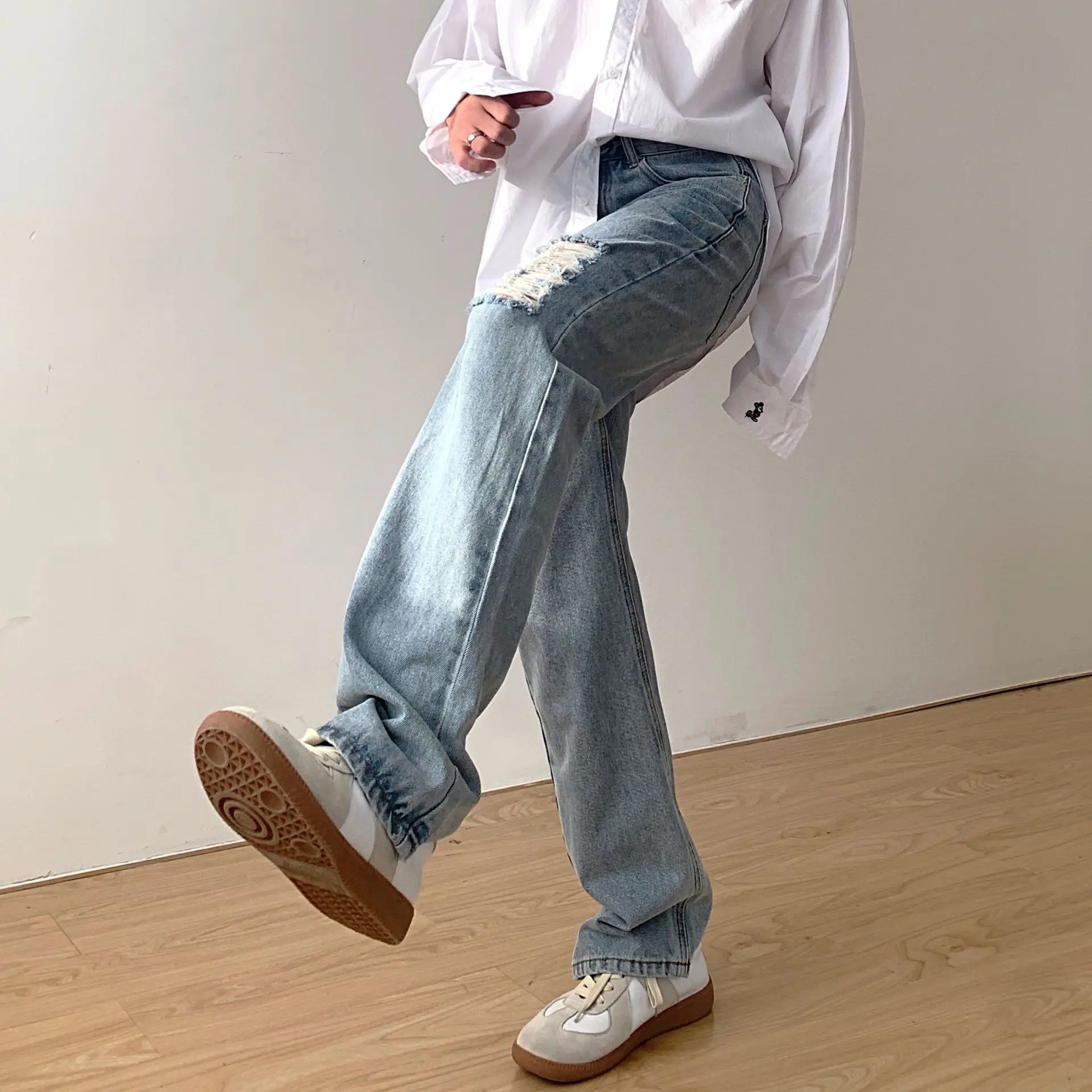 Washed and Old Ripped Solid Color Men's Jeans Y2k Pants Men's Trend Light-colored Loose Straight Mopping Trousers Men Clothing