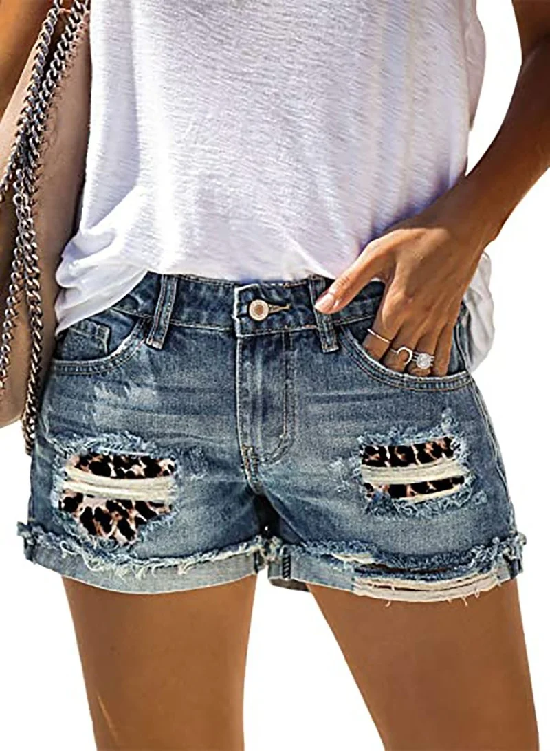 Female Fashion Casual Denim Shorts Summer New Women's Leopard Camouflage Ripped Patch Jeans Office Lady Mid Waist Straight Short
