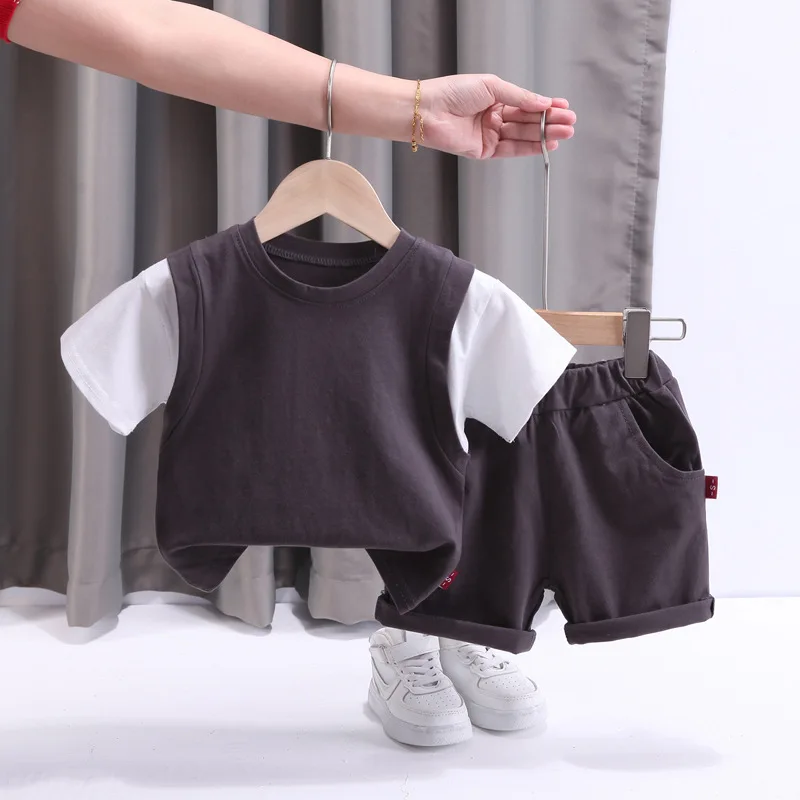 

New Summer Toddler Boys Solid Cotton Clothes Sets Baby Girls Patchwork Short Sleeve T-shirt+Shorts Casual Outfits Kids Tracksuit