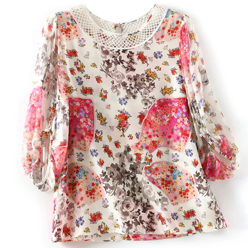 

Женская винтажная рубашка из натурального шелка, Летняя ажурная элегантная рубашка, модные блузки для женщин, свободные топы, женская блузка с цветочным принтом, 100%