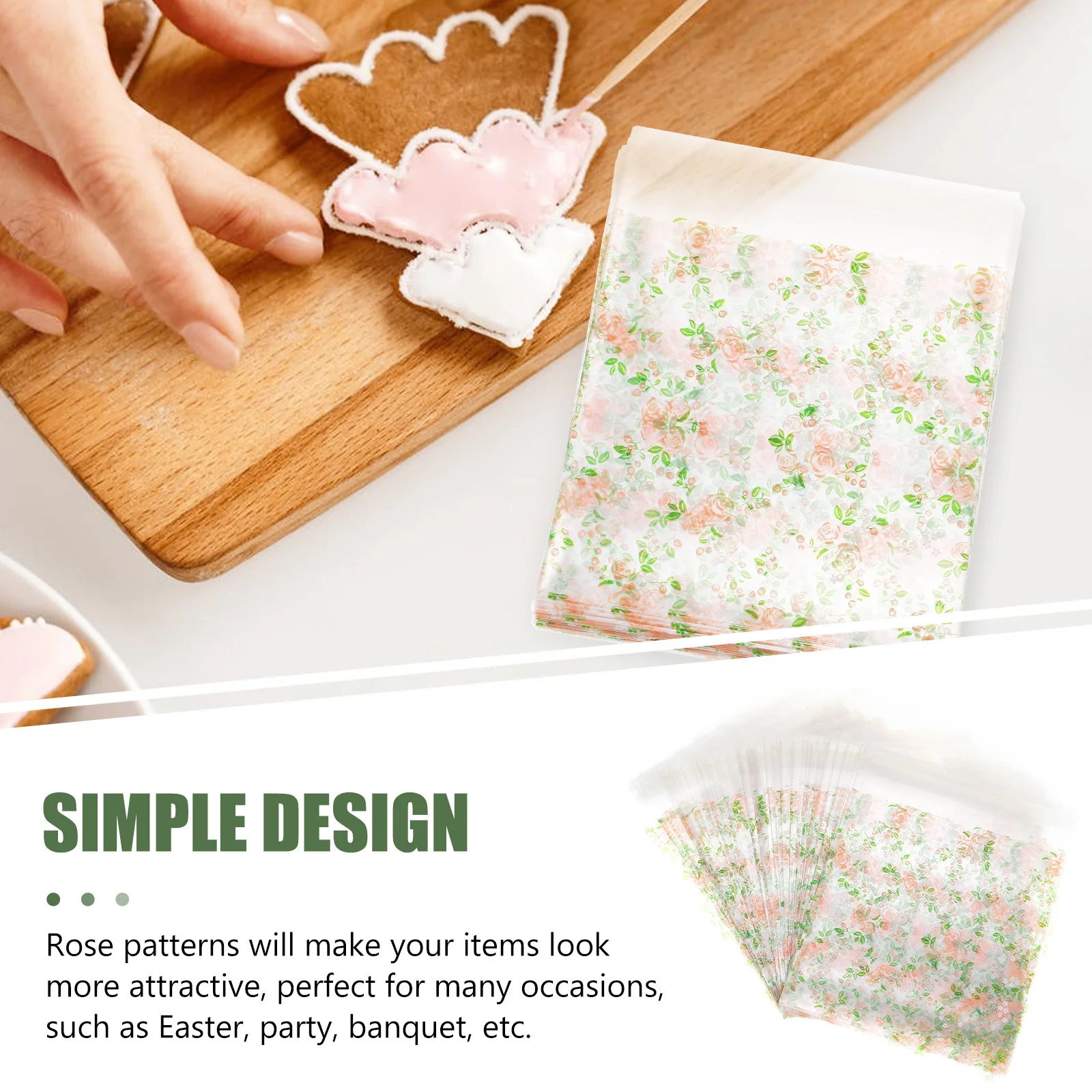

100pcs Hawaiian Cookie Bags Cookie Pouches Baking Supplies Rose Pattern Cookie Bags for Hawaiian Easter Valentine's Day