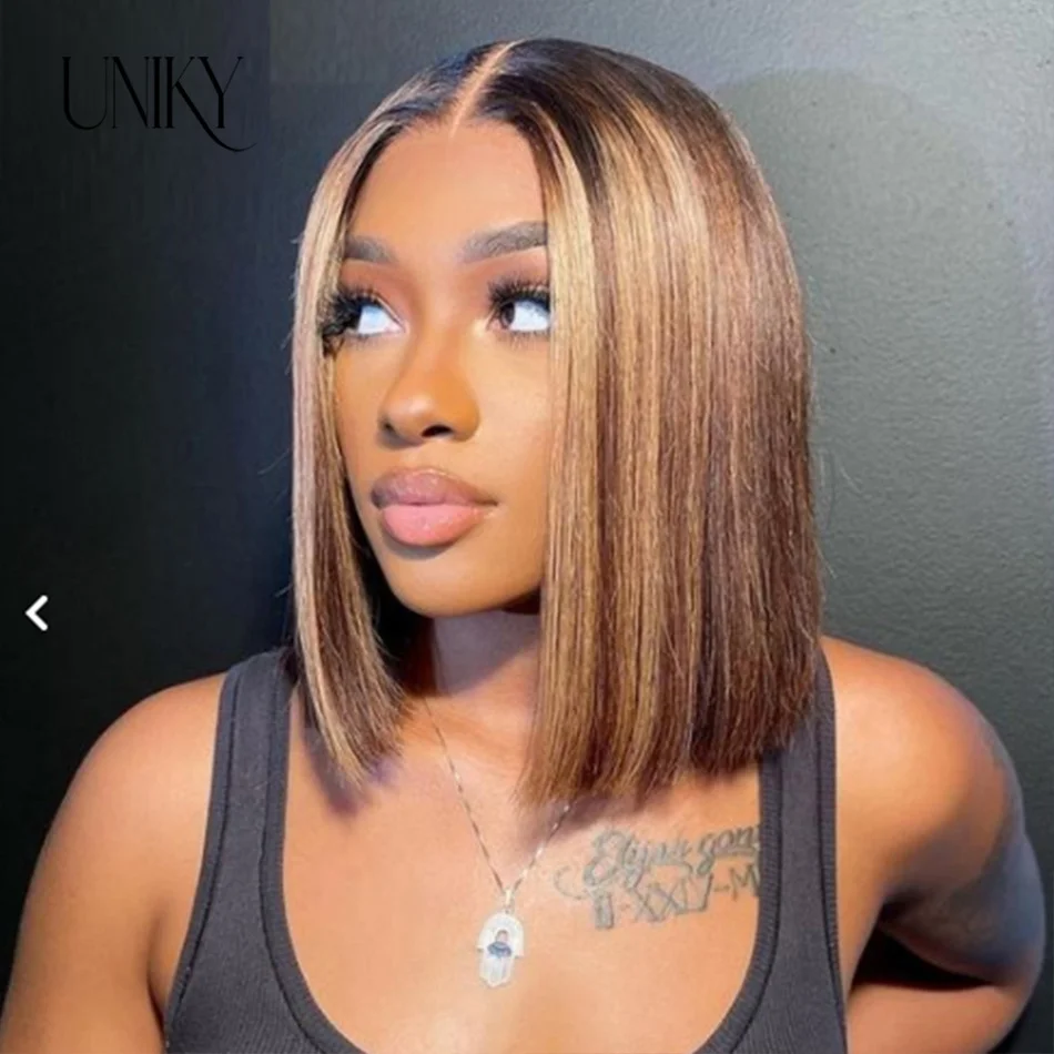 

Highlight Wig Ombre Brown Honey Blonde Short Bob Wig HD T Part Lace Front Wig Pre Plucked Lace Wigs For Wom Human Hair Wigs