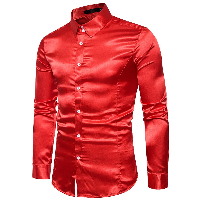 Silk Satin Luxury Dress Shirt Pink Men 2022 Brand New Slim Long Sleeve Tuxedo Shirt Male Wedding Club Party Dance Prom Camisas
