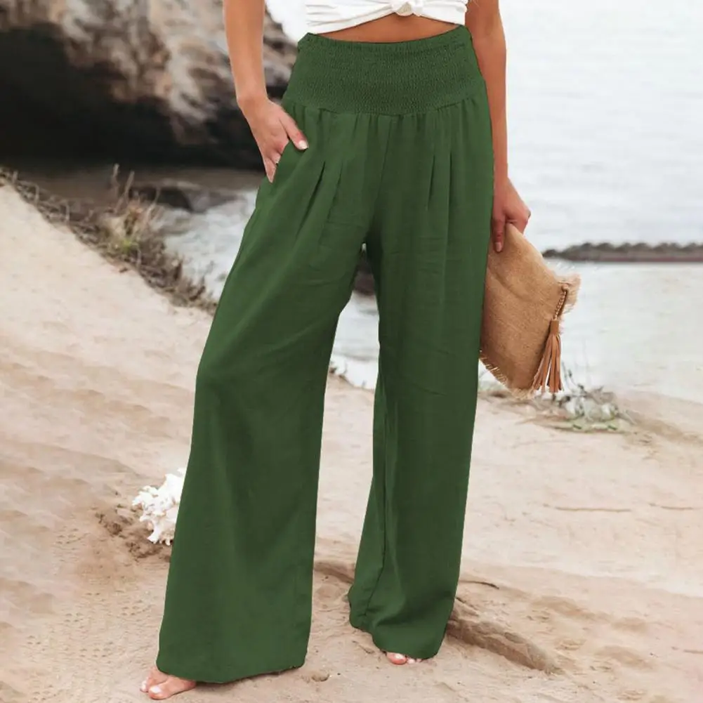 

Women Wide Leg Pants Solid Color Pockets Summer Temperament Loose-fitting Pants for Beach High Elastic Waist Long Trousers 2022