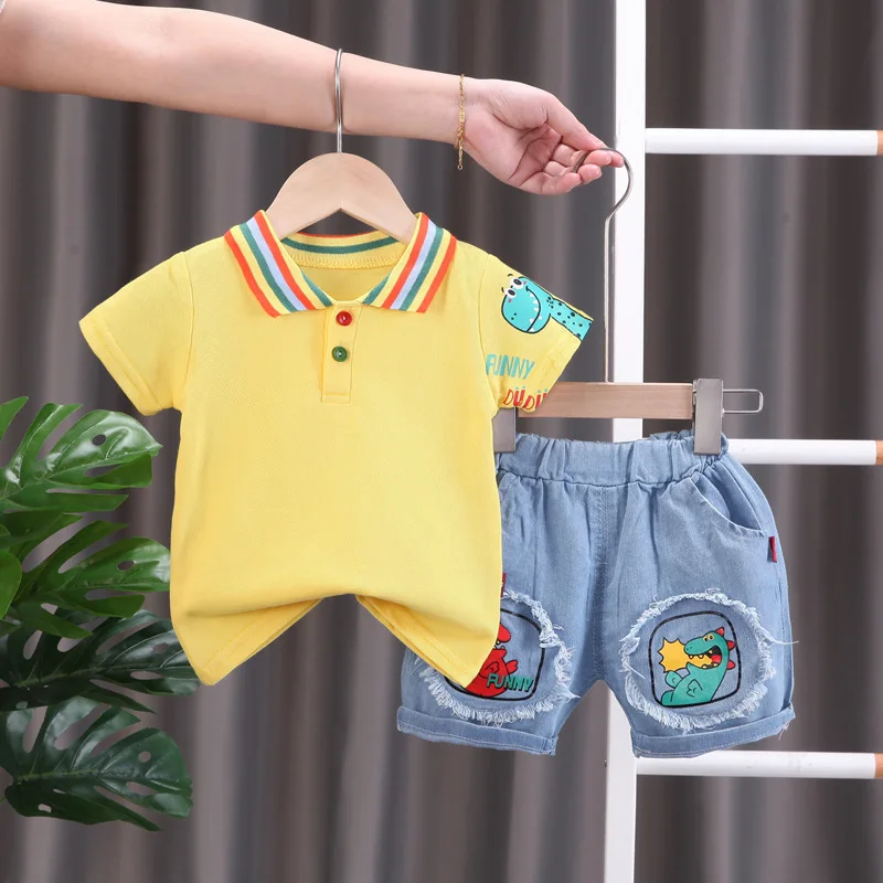 

Children Boys Summer Clothes Set 2022 Baby Infant Fashion Cartoon Dinosaur T-shirt+ Denim Shorts 2pcs for Kids Trasksuits Sets
