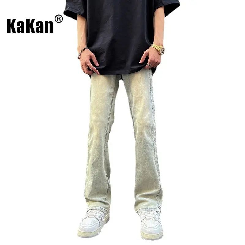 Kakan - New Yellow Mud Wash Jeans for Men, Elastic Loose Relaxed Long Jeans K24-ZLJLB0109