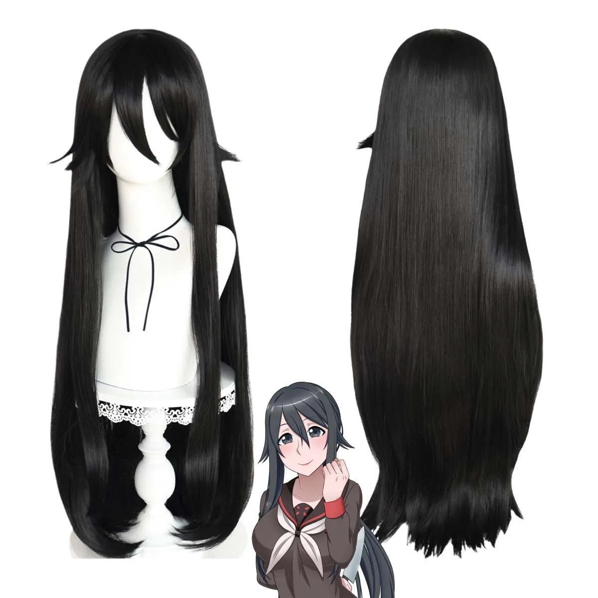 Фото Женская игра Yandere Simulator Cos Ryoba Aishi, длинный прямой парик из черных волос №1