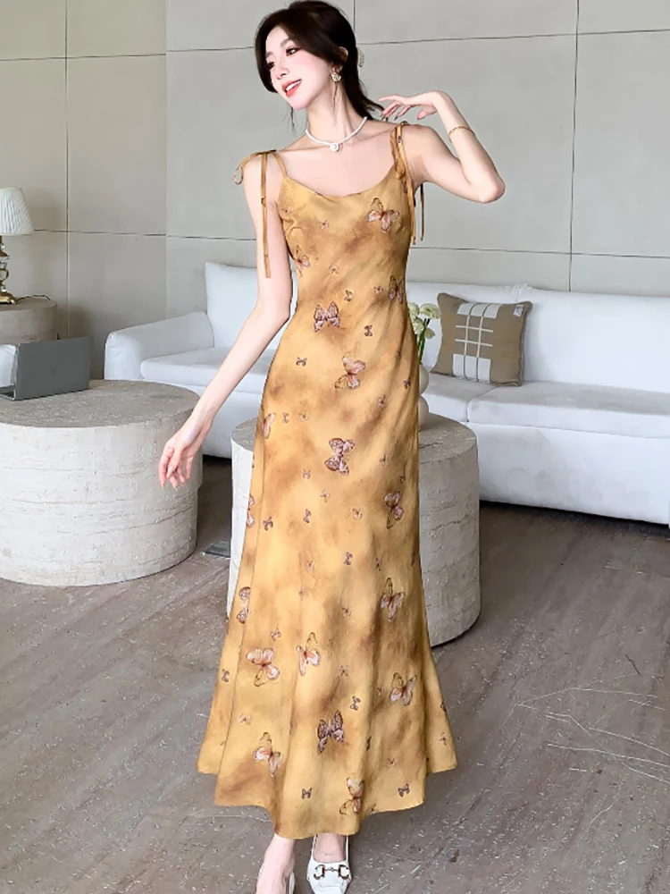 Новинка 2024 модное шикарное длинное платье на бретельках с бантом летнее