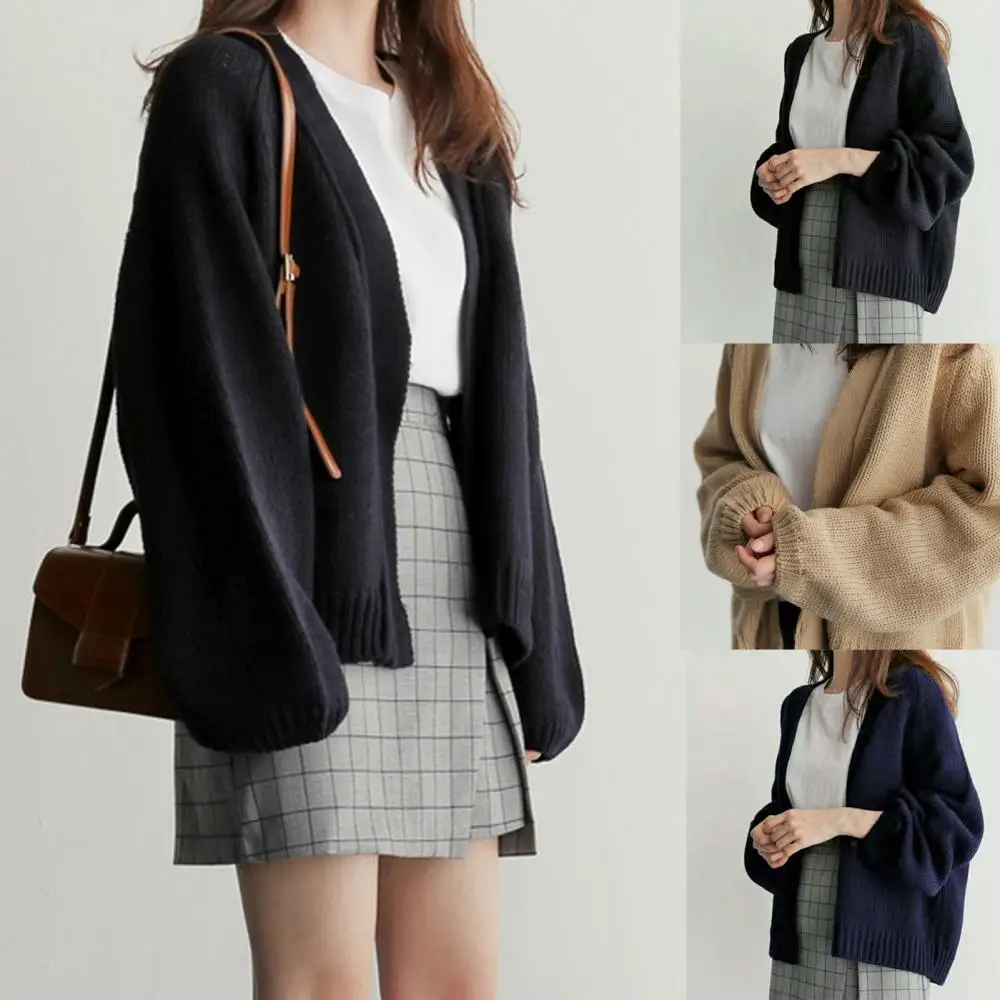 

Autumn Women Solid Color Knitted Open Front Cardigan Long Puff Sleeve Warm Coat