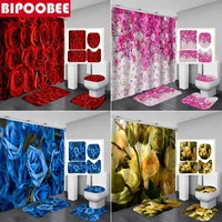 Romantic Rose 3D Print Shower Curtains Floral Bathroom Curtain Set Bath Mats Rugs Pedestal Non Slip Carpet Toilet Lid Cover