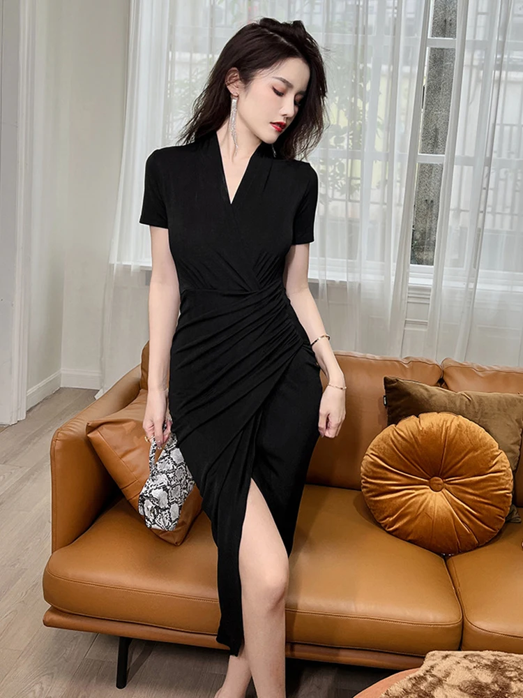 

Elegant Women Dress Chic Casual Pullover V-Neck Short Sleeve Folds Slim Midi Club Robe Femme Commute Vestidos Ropa Mujer Verano