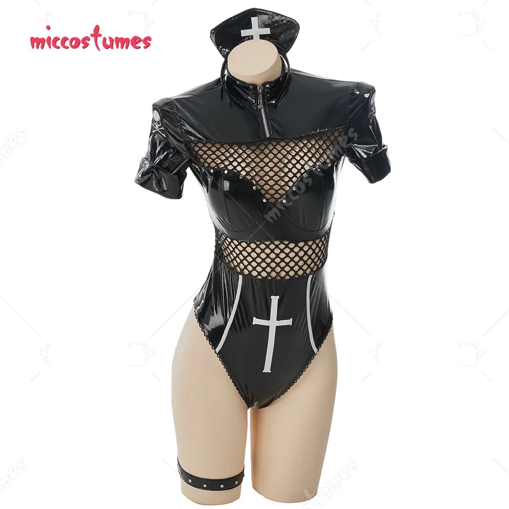

Gothic Sexy Lingerie Set Nurse Uniform Skull Pattern Mesh Hollow Bodysuit Costume Outfit with Gloves and Hat