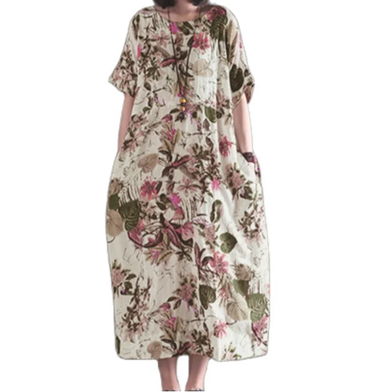 Plus Size Women Long Dresses Cotton Linen Flower Surface Female Oversize Clothes Fashion Short Sleeves Summer Casual Elegant