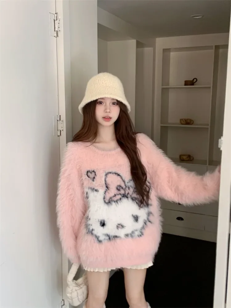 Японские свитера Kawaii Cat с круглым вырезом для ленивых женские осенние милые