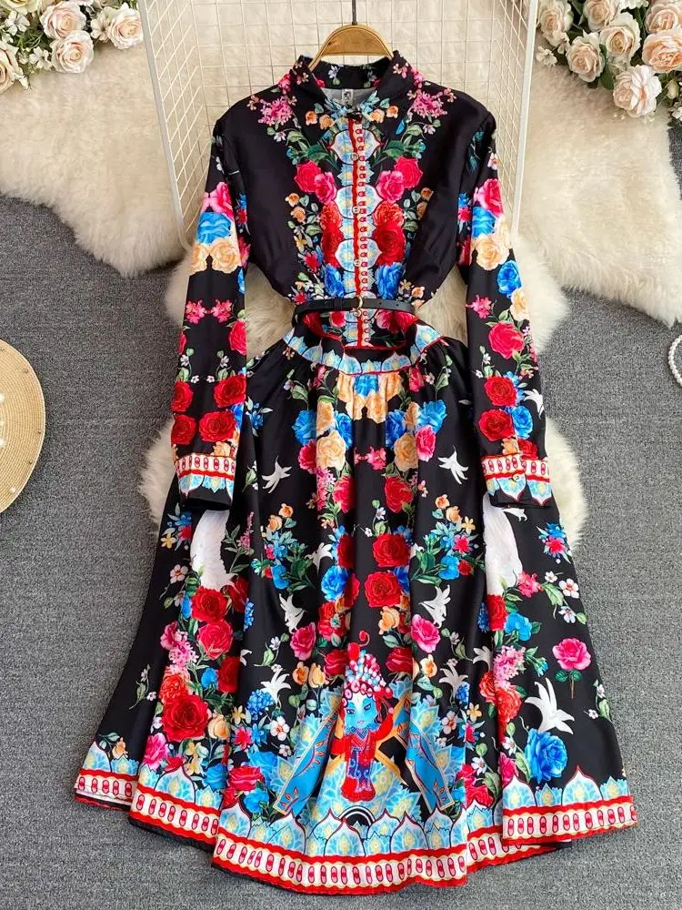 

Женское модельное платье-рубашка с цветочным принтом, винтажное однобортное платье средней длины с отложным воротником и длинным рукавом, весна-лето