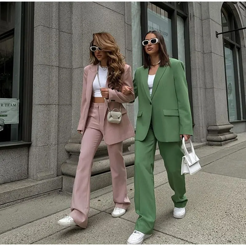 2023 New Office Ladies Suit  Fashion Solid Color Two Pieces Set V-Neck Long Sleeve Chic Blazer+ Wide Leg Pants Spring and Autumn