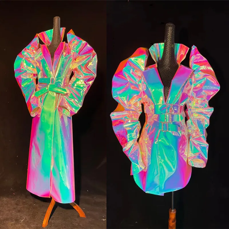

Women Singer Stage Glitter Long Overcoat Puff Sleeve Laser Reflective Jacket Coat Dress Dance Costume Concert Performance Cloak