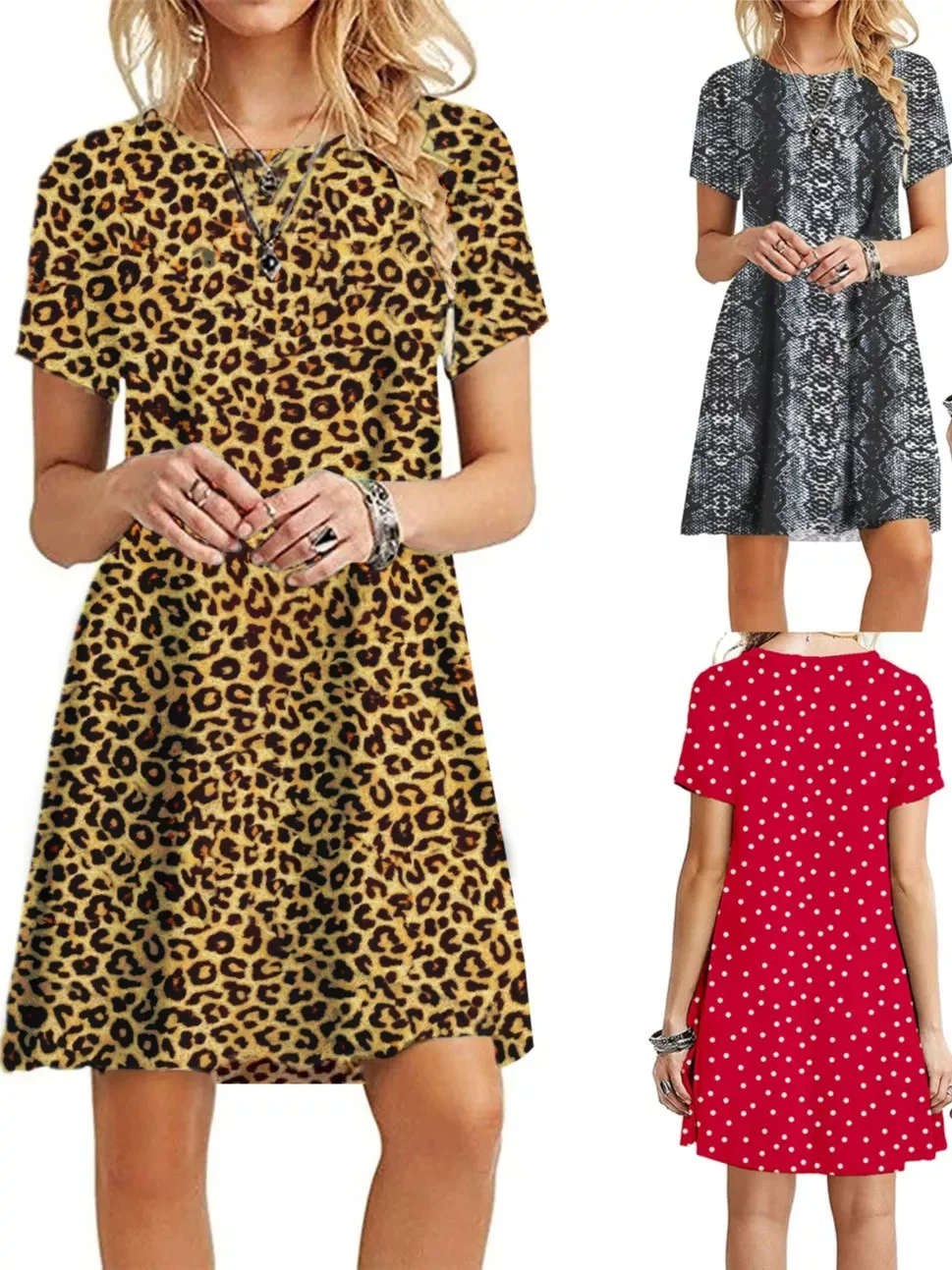 

2023NEW Color Summer WomEN Printed Dress Short Sleeve Mini Causal Dresses O-Neck Basic A-line Floral Printed Leopard Thick Vesti