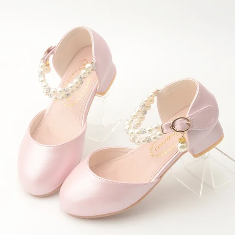 Туфли на высоком каблуке для девочек, модные удобные кожаные туфли с жемчугом для студентов, свадебные туфли для девочек с цветами, Нескользящие, обувь принцессы