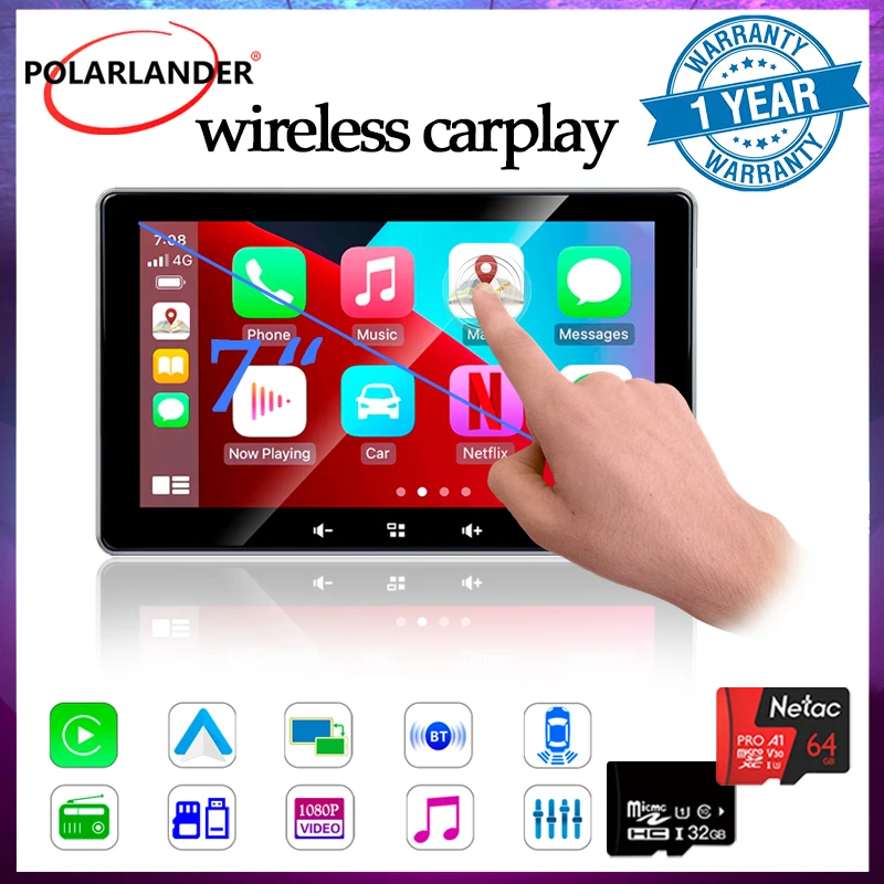 

Portable Universal 7'' 2.5D IPS Touch Screen Wireless Reversing Camera Carplay MirrorLink Car Head Support Multimedia AUX BT5.0