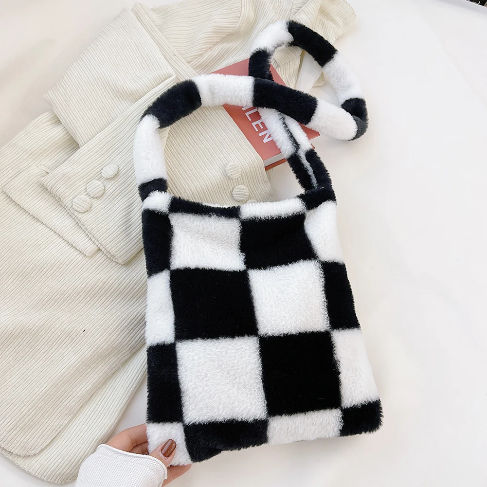 

Women Shoulder Bag Female Plush Lattice Print Crossbody Bags Women Plush Women Top-Handle Bags Pouch for Daily Traveling