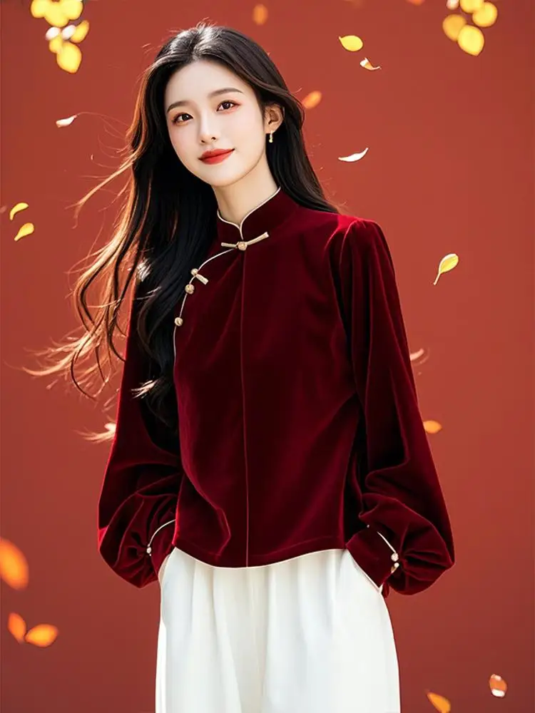 Women clothes Beautiful Shirt Shirts Top Counter Velvet New Chinese Sle Autumn and Winter 24 National Long ...