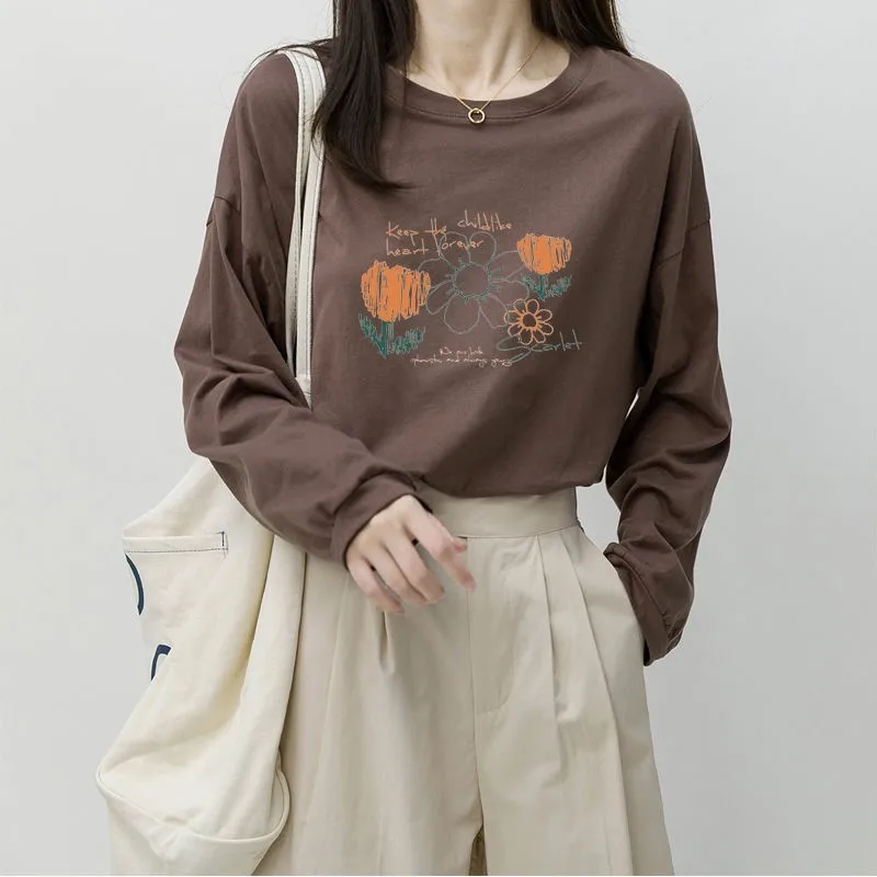Long Sleeve T-shirt Women Loose Round Neck Printed All-match Autumn And Winter Bottoming Cotton Top